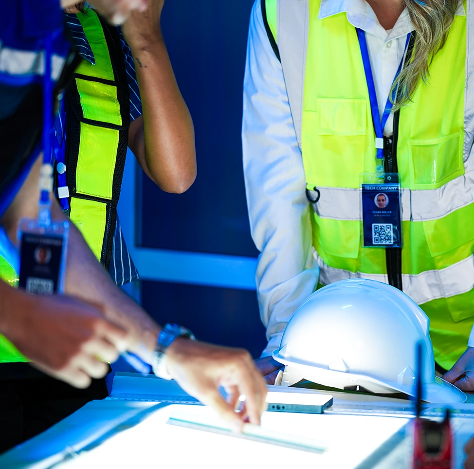 Industriarbeidere i PVU som ser på et nettbrett på fabrikkgulvet